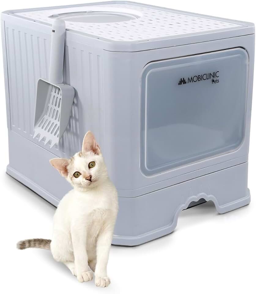Mobiclinic® Pets, Arenero Gatos Cubierto, Cajón extraíble, Incluye Pala, Catbox, Doble Entrada Frontal y Superior con Tapa, Rejilla, Estética Elegante, Estructura Desmontable