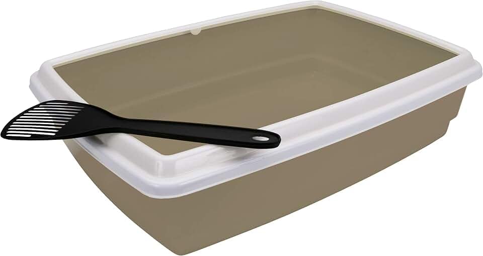 Aimé | Caja de Arena para Gatos | Arena Gatos Con Borde y Pala | Arenero Gato Facil de Limpiar | Caja Higiénica Fácil de Limpiar de Plástico | Color Topo | 44 x 34 x 11 cm
