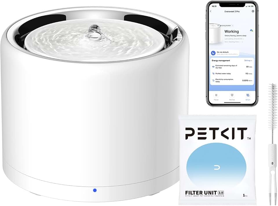PETKIT EVERSWEET Fuente para Gatos, Acero Inoxidable, Bomba Inalámbrica, Control de App, 1.8L Bebedero Gatos/Perros, Ultrasilencioso, Filtro Triple, 3 Flujos de Agua, no es Fácil de Retener Bacterias