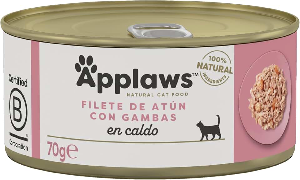 Applaws 100% Natural Comida Húmeda Gatos Atún y Camarón en Caldo, 24 latas de 70g