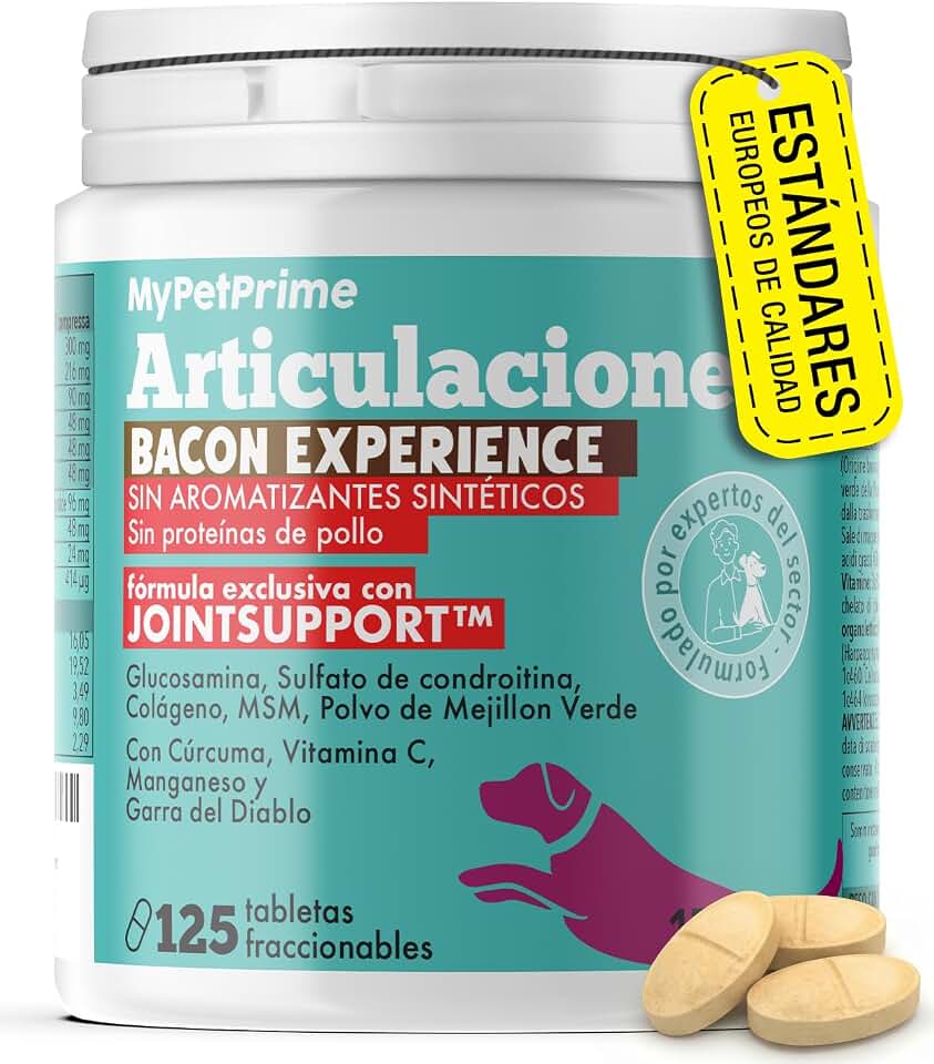 MyPetPrime Articulaciones Complemento alimenticio para Perros - 125 Comprimidos | Nueva fórmula JointSupport™ con MSM, Polvo de mejillón de Labio Verde, glucosamina y Garra del Diablo