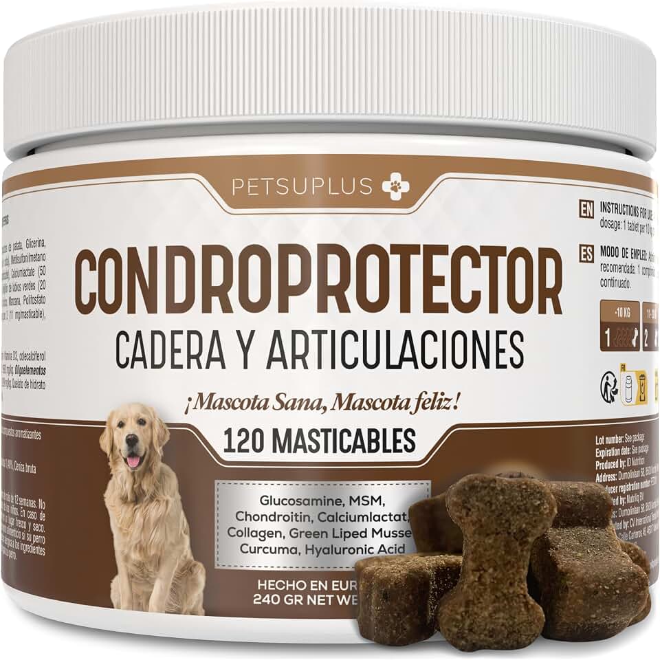 Condroprotector Perros - Glucosamina, MSM, Condroitina, Colageno, Acido Hialuronico - Fortalece los cartilagos y Protege Las articulaciones - Antiinflamatorios Naturales - 120 masticables